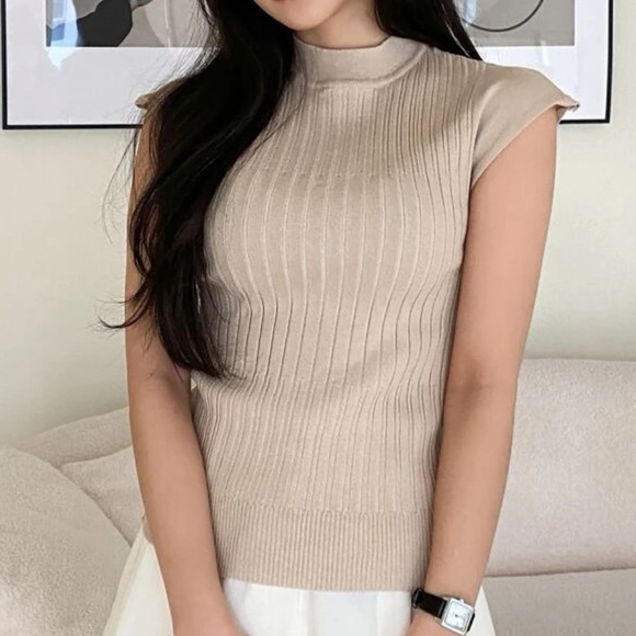 Calvin Klein Jeans Tops - Beige Rib knit mock neck stretchy knit top